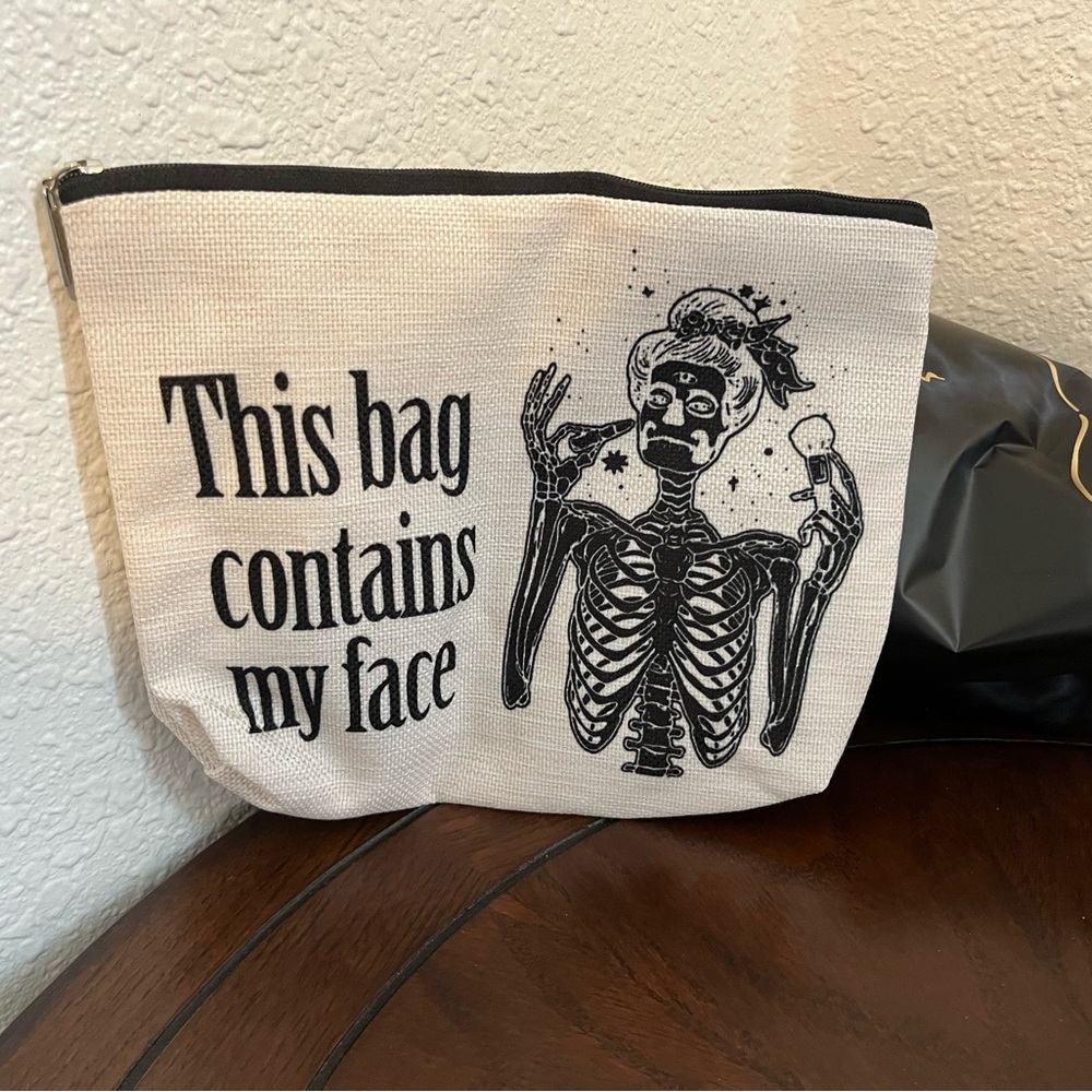 Skeleton Print Canvas Pouch - Black and Cream COSMETIC